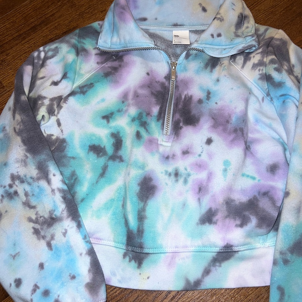 Tie Dye Cropped Pullover Blue Fleece Quarter Zip Activewear Lounge Casual Size S - Picture 3 of 9